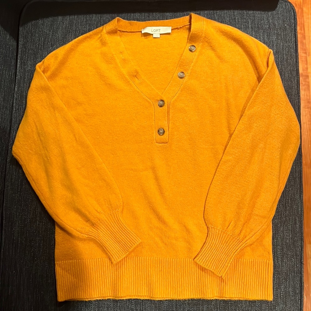 LOFT Marigold Mustard Yellow Super Soft Plush Button V Neckline Sweater